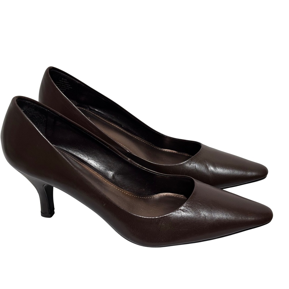 East 5th Womens Brown Leather Pointed Toe Kitten Heel Pumps sz 8.5M minimalist